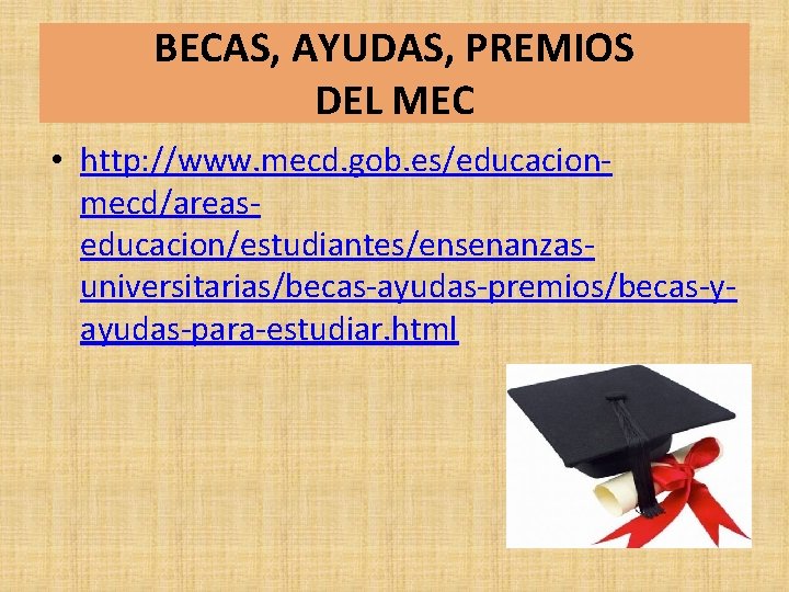 BECAS, AYUDAS, PREMIOS DEL MEC • http: //www. mecd. gob. es/educacionmecd/areaseducacion/estudiantes/ensenanzasuniversitarias/becas-ayudas-premios/becas-yayudas-para-estudiar. html BECAS, AYUDAS, PREMIOS DEL MEC • http: //www. mecd. gob. es/educacionmecd/areaseducacion/estudiantes/ensenanzasuniversitarias/becas-ayudas-premios/becas-yayudas-para-estudiar. html