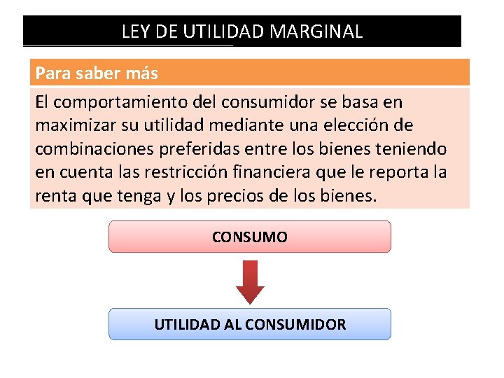 LEY DE UTILIDAD MARGINAL Para saber más El comportamiento del consumidor se basa en