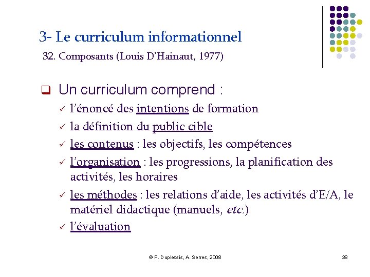 3 - Le curriculum informationnel 32. Composants (Louis D’Hainaut, 1977) Un curriculum comprend :