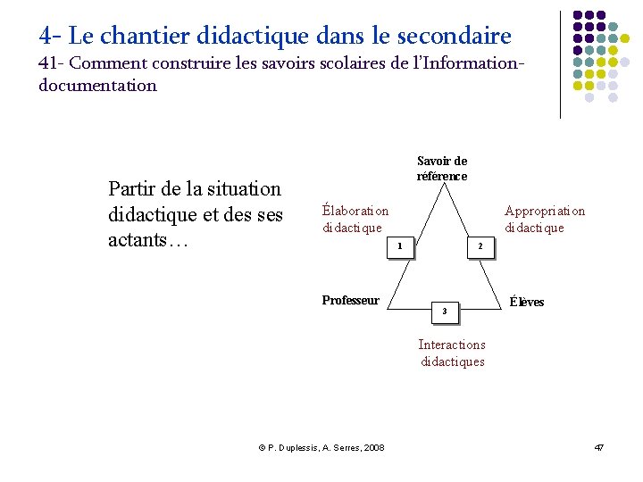 4 - Le chantier didactique dans le secondaire 41 - Comment construire les savoirs