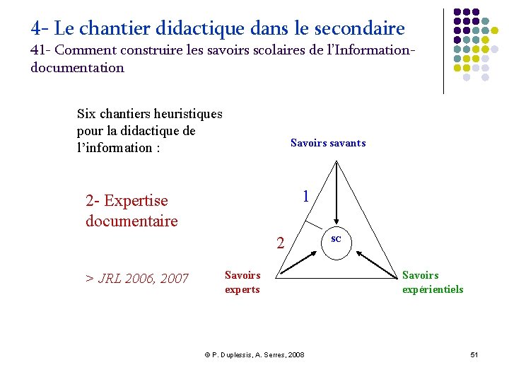 4 - Le chantier didactique dans le secondaire 41 - Comment construire les savoirs