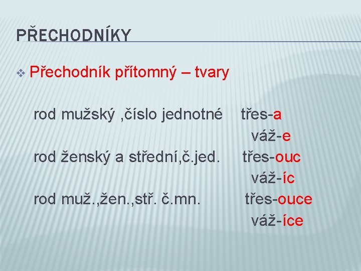 PŘECHODNÍKY v Přechodník přítomný – tvary rod mužský , číslo jednotné rod ženský a