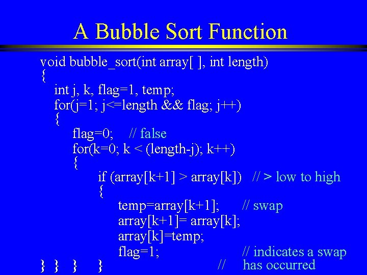 A Bubble Sort Function void bubble_sort(int array[ ], int length) { int j, k,