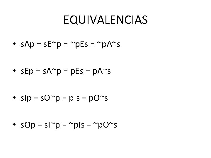 EQUIVALENCIAS • s. Ap = s. E~p = ~p. Es = ~p. A~s •
