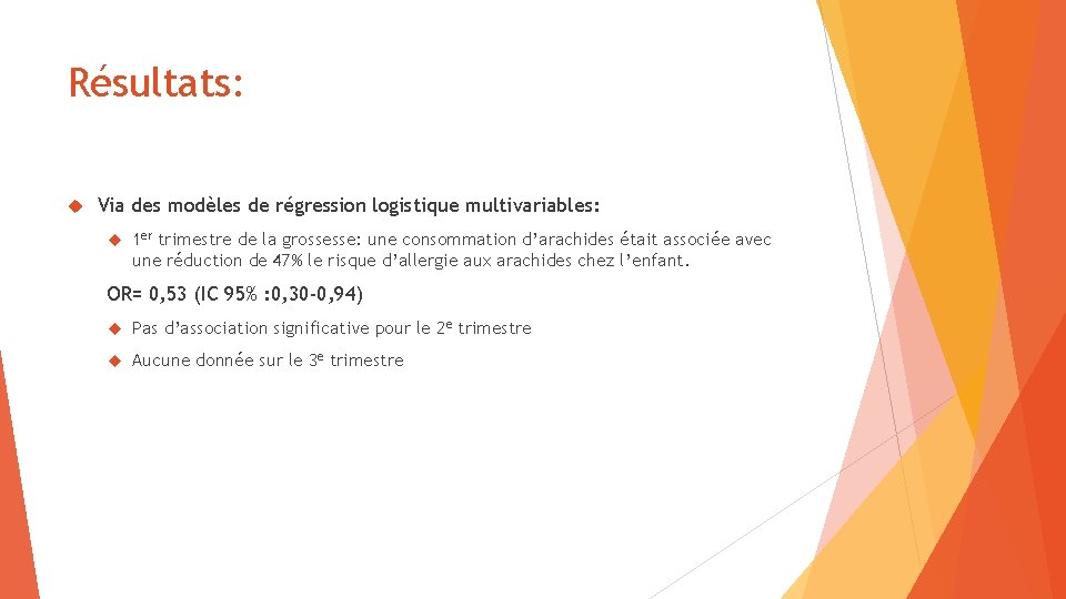 Résultats: Via des modèles de régression logistique multivariables: 1 er trimestre de la grossesse: