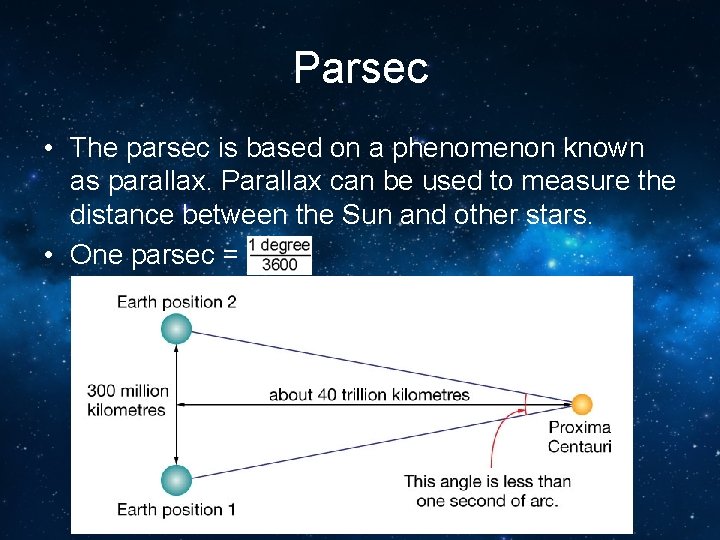 Parsec • The parsec is based on a phenomenon known as parallax. Parallax can