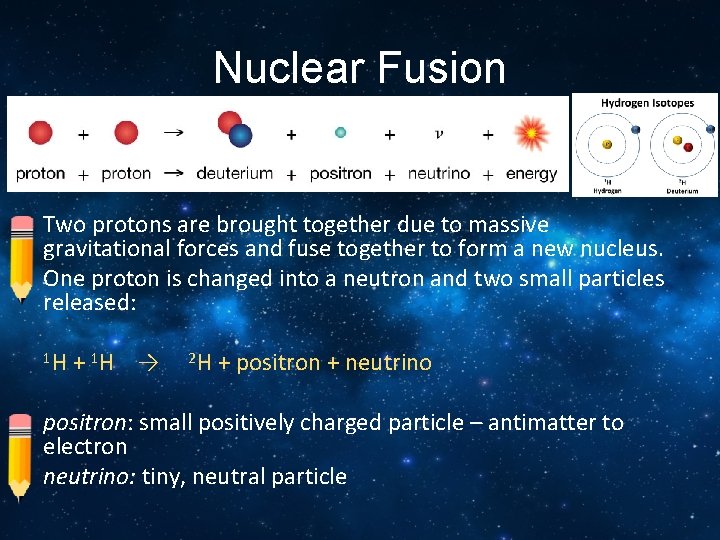 Nuclear Fusion Two protons are brought together due to massive gravitational forces and fuse