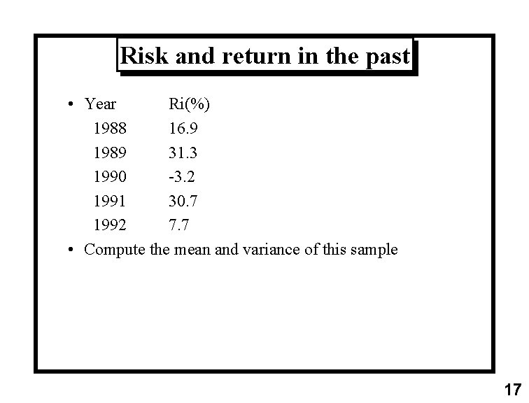 Risk and return in the past • Year Ri(%) 1988 16. 9 1989 31.