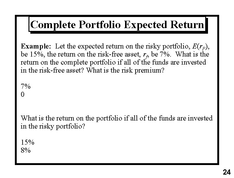 Complete Portfolio Expected Return Example: Let the expected return on the risky portfolio, E(r.