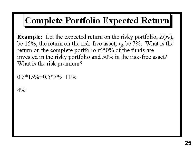 Complete Portfolio Expected Return Example: Let the expected return on the risky portfolio, E(r.