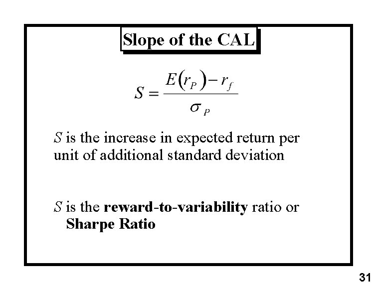 Slope of the CAL S is the increase in expected return per unit of