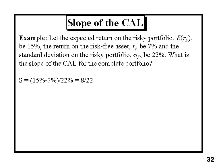 Slope of the CAL Example: Let the expected return on the risky portfolio, E(r.