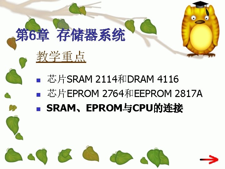 第 6章 存储器系统 教学重点 n n n 芯片SRAM 2114和DRAM 4116 芯片EPROM 2764和EEPROM 2817 A