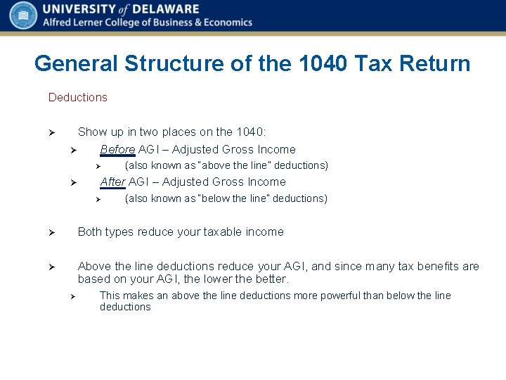 General Structure of the 1040 Tax Return Deductions Ø Show up in two places