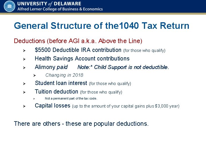 General Structure of the 1040 Tax Return Deductions (before AGI a. k. a. Above