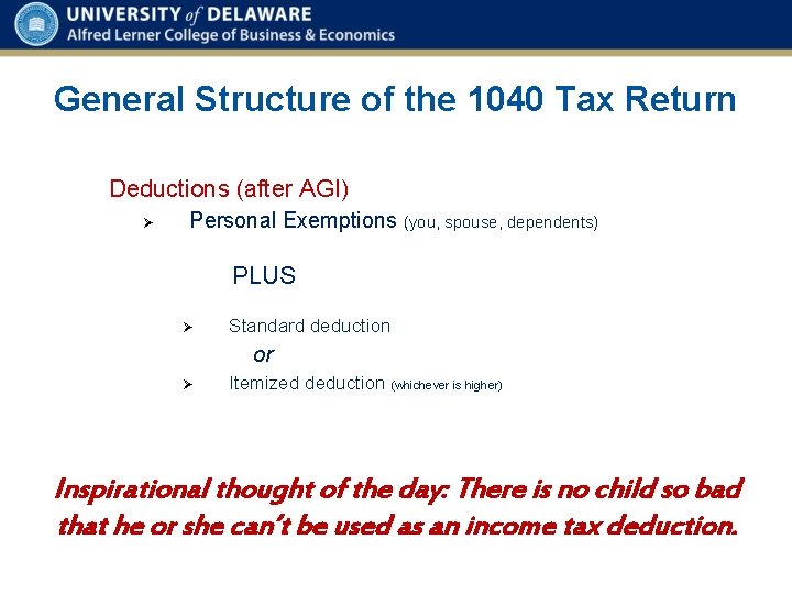 General Structure of the 1040 Tax Return Deductions (after AGI) Ø Personal Exemptions (you,