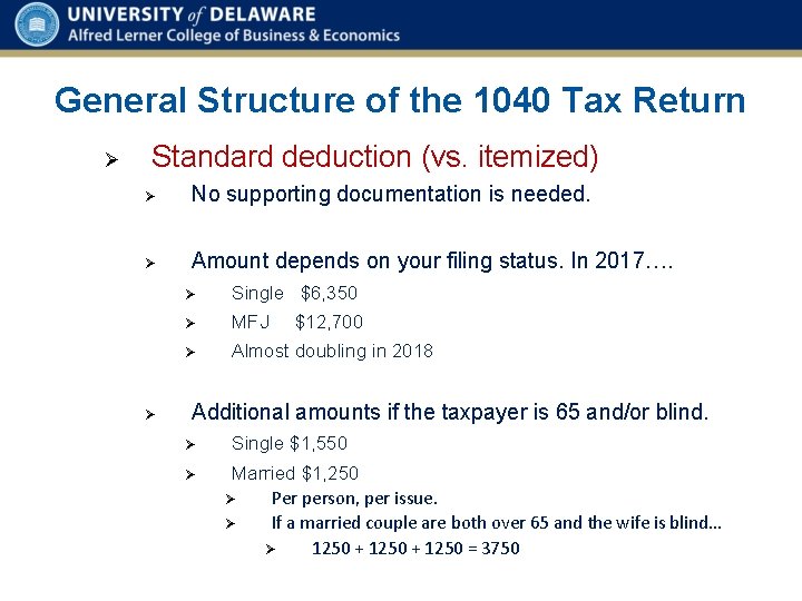 General Structure of the 1040 Tax Return Ø Standard deduction (vs. itemized) Ø No