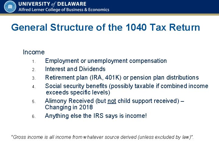 General Structure of the 1040 Tax Return Income 1. 2. 3. 4. 5. 6.