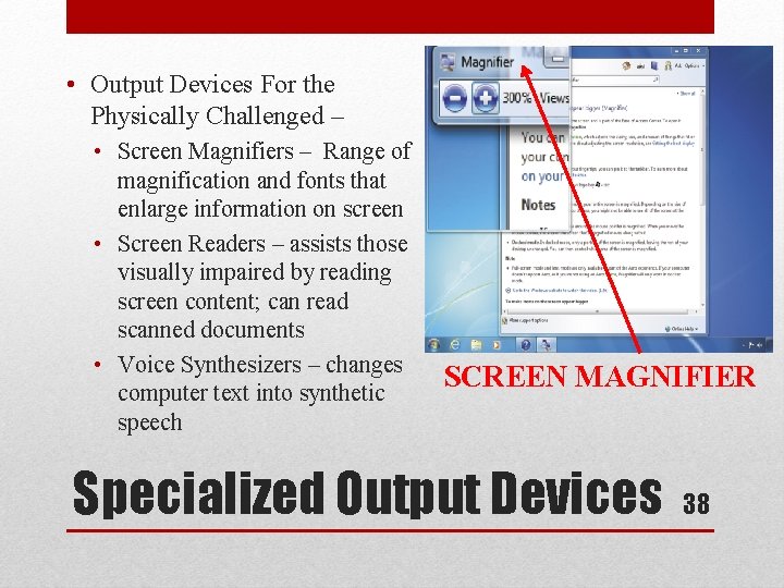  • Output Devices For the Physically Challenged – • Screen Magnifiers – Range