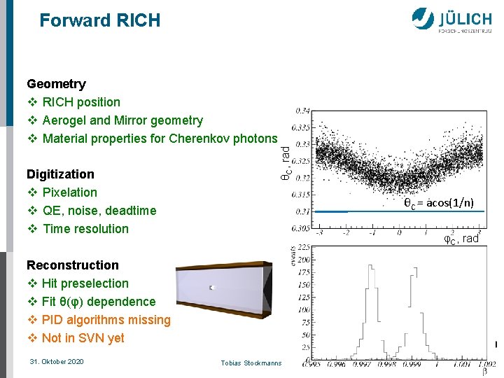 Forward RICH Digitization v Pixelation v QE, noise, deadtime v Time resolution θC, rad