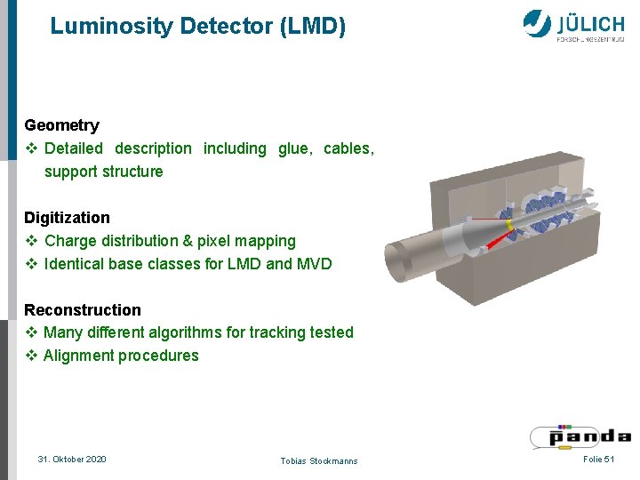 Luminosity Detector (LMD) Geometry v Detailed description including glue, cables, support structure Digitization v