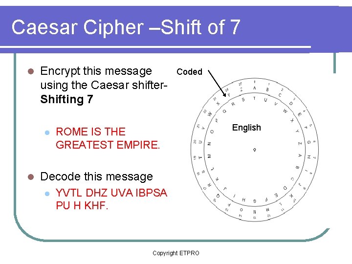 Caesar Cipher –Shift of 7 l Encrypt this message using the Caesar shifter. Shifting