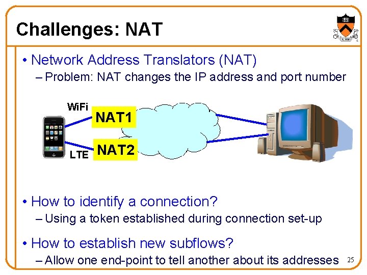 Challenges: NAT • Network Address Translators (NAT) – Problem: NAT changes the IP address