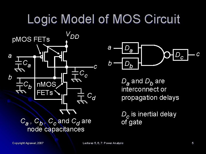 Logic Model of MOS Circuit p. MOS FETs a b VDD Ca Cc Cb