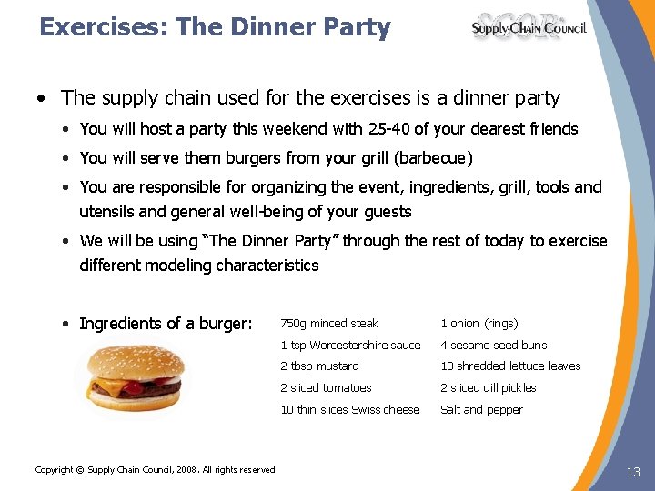 Exercises: The Dinner Party • The supply chain used for the exercises is a Exercises: The Dinner Party • The supply chain used for the exercises is a
