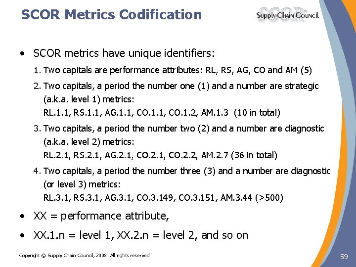 SCOR Metrics Codification • SCOR metrics have unique identifiers: 1. Two capitals are performance SCOR Metrics Codification • SCOR metrics have unique identifiers: 1. Two capitals are performance