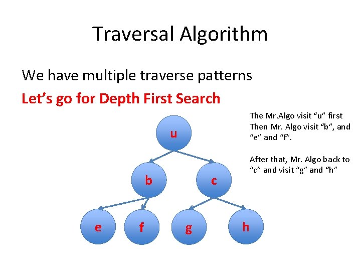 Traversal Algorithm We have multiple traverse patterns Let’s go for Depth First Search The