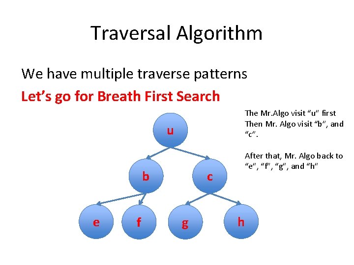 Traversal Algorithm We have multiple traverse patterns Let’s go for Breath First Search The