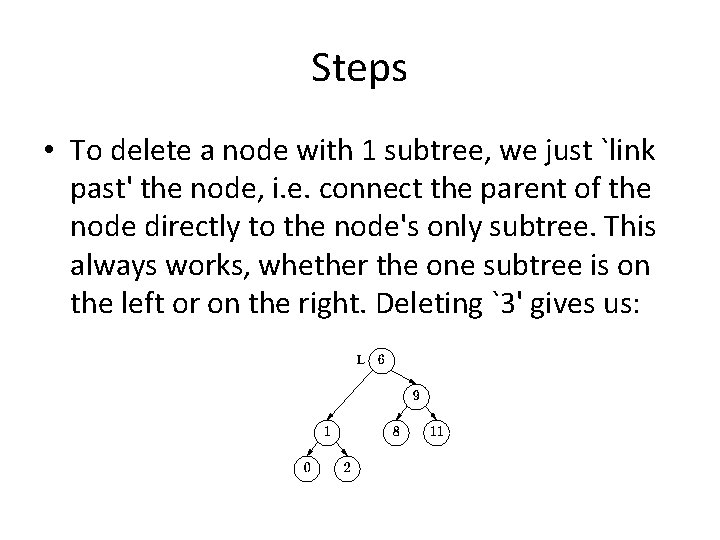 Steps • To delete a node with 1 subtree, we just `link past' the
