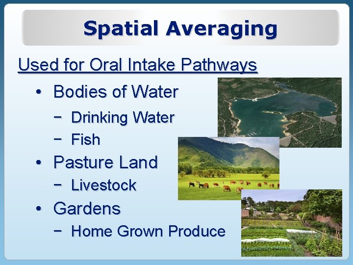 Spatial Averaging Used for Oral Intake Pathways • Bodies of Water − Drinking Water Spatial Averaging Used for Oral Intake Pathways • Bodies of Water − Drinking Water