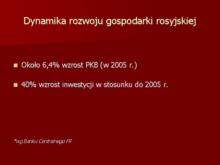 Dynamika rozwoju gospodarki rosyjskiej Około 6, 4% wzrost PKB (w 2005 r. ) 40%