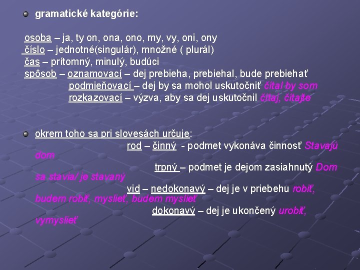 gramatické kategórie: osoba – ja, ty on, ona, ono, my, vy, oni, ony číslo