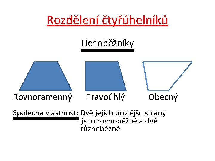 Rozdělení čtyřúhelníků Lichoběžníky Rovnoramenný Pravoúhlý Obecný Společná vlastnost: Dvě jejich protější strany jsou rovnoběžné