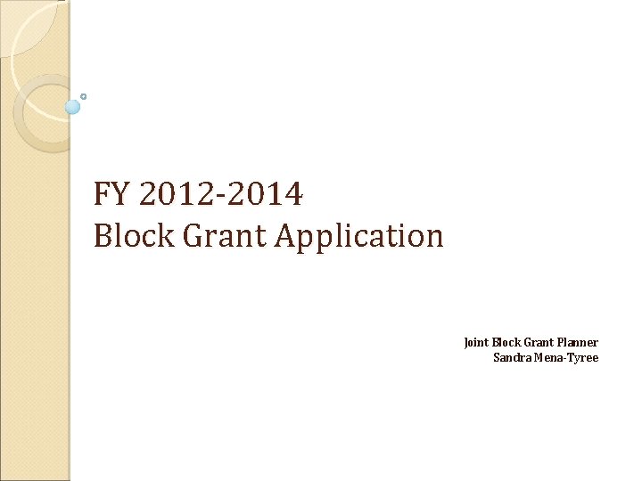 FY 2012 -2014 Block Grant Application Joint Block Grant Planner Sandra Mena-Tyree 