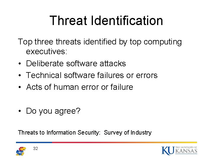 Threat Identification Top three threats identified by top computing executives: • Deliberate software attacks