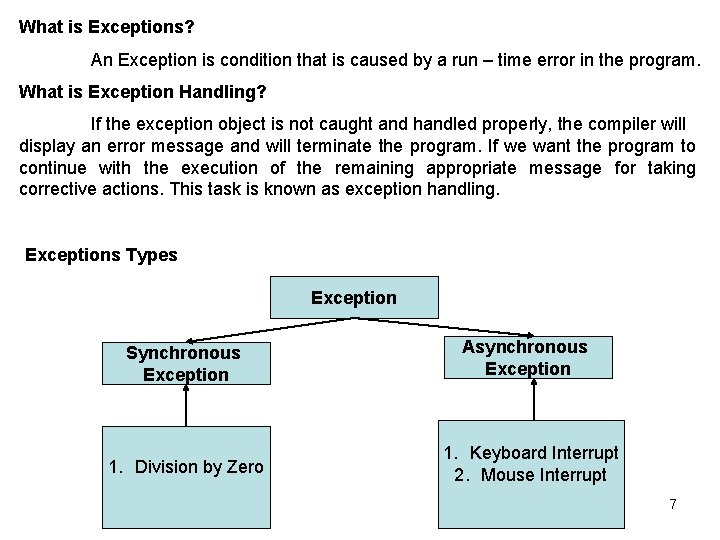 What is Exceptions? An Exception is condition that is caused by a run –