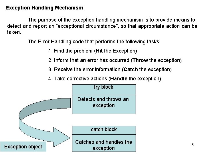 Exception Handling Mechanism The purpose of the exception handling mechanism is to provide means
