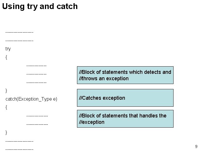 Using try and catch -----------------try { ------------------- //Block of statements which detects and //throws
