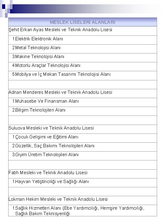 MESLEK LİSELERİ ALANLARI Şehit Erkan Ayas Mesleki ve Teknik Anadolu Lisesi 1. Elektrik Elektronik