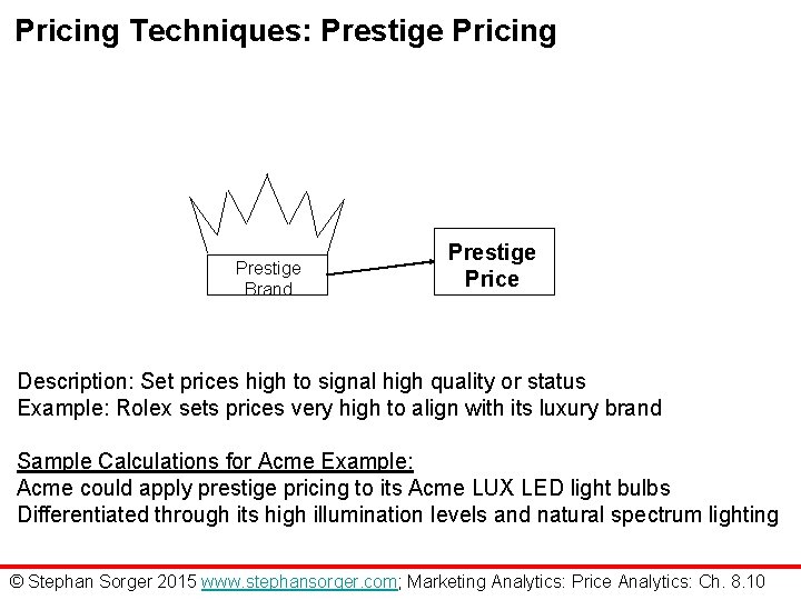 Pricing Techniques: Prestige Pricing Prestige Brand Prestige Price Description: Set prices high to signal