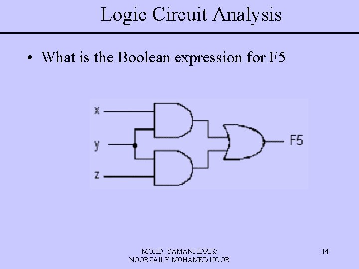 Logic Circuit Analysis • What is the Boolean expression for F 5 MOHD. YAMANI