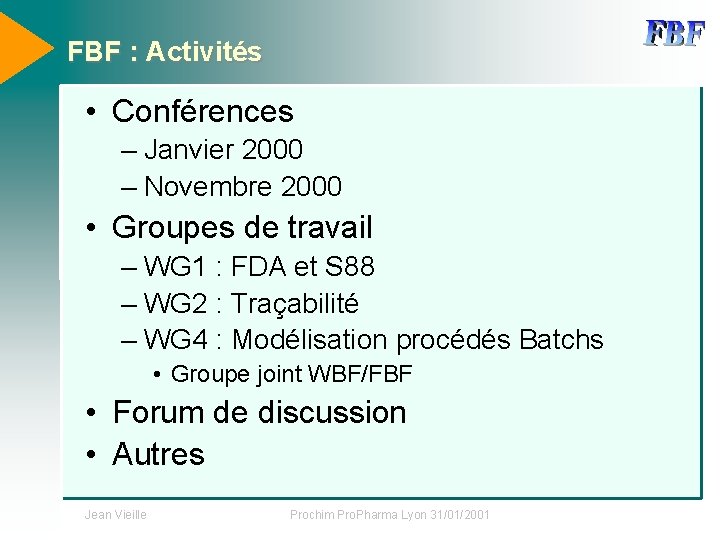 FBF : Activités • Conférences – Janvier 2000 – Novembre 2000 • Groupes de