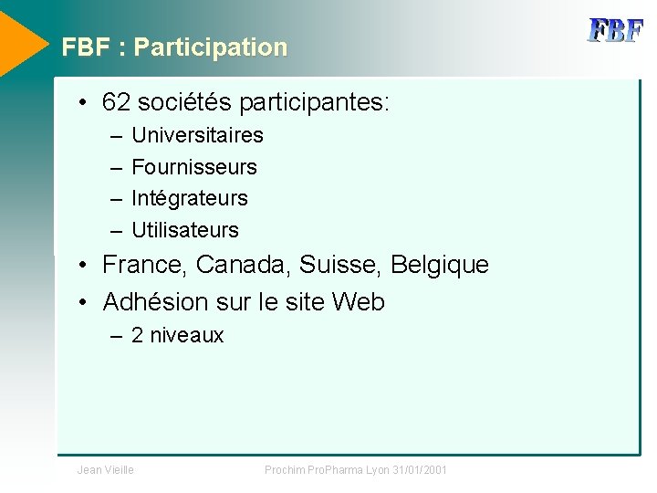 FBF : Participation • 62 sociétés participantes: – – Universitaires Fournisseurs Intégrateurs Utilisateurs •