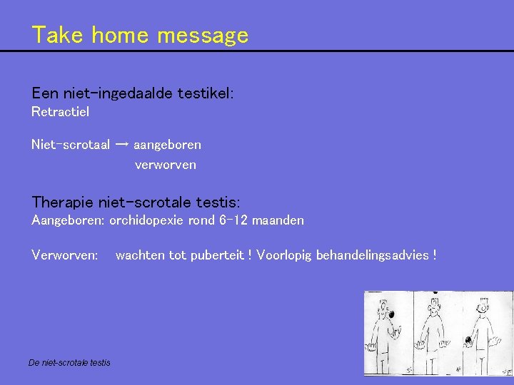 Take home message Een niet-ingedaalde testikel: Retractiel Niet-scrotaal → aangeboren verworven Therapie niet-scrotale testis: