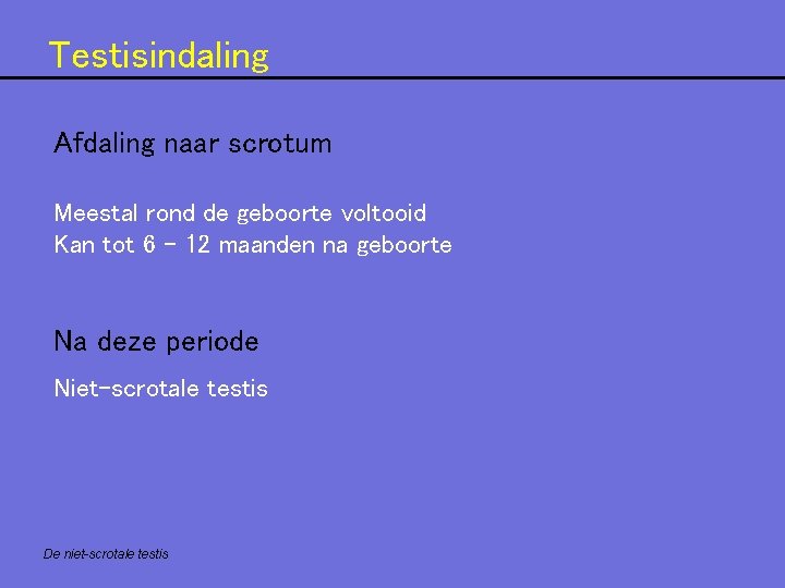 Testisindaling Afdaling naar scrotum Meestal rond de geboorte voltooid Kan tot 6 – 12 Testisindaling Afdaling naar scrotum Meestal rond de geboorte voltooid Kan tot 6 – 12
