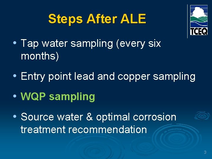 Steps After ALE • Tap water sampling (every six months) • Entry point lead